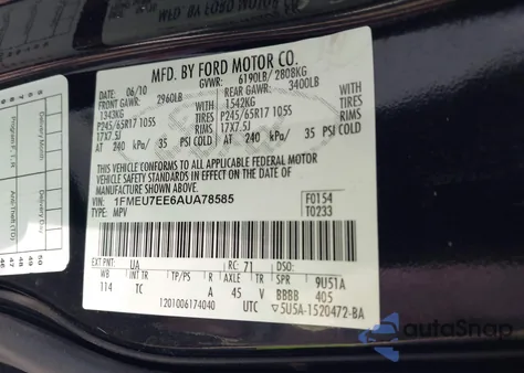 2010 Ford Explorer Eddie Bauer из США, поврежденный, VIN 1FMEU7EE6AUA78585